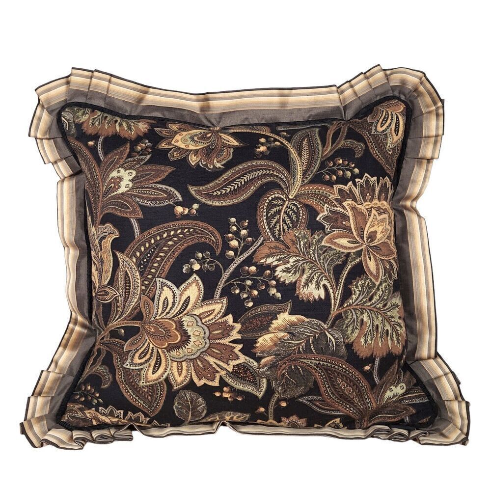 J Queen Jacobean Floral Valdosta Black 20" Square Accent Pillow 2" Ruffled Edge